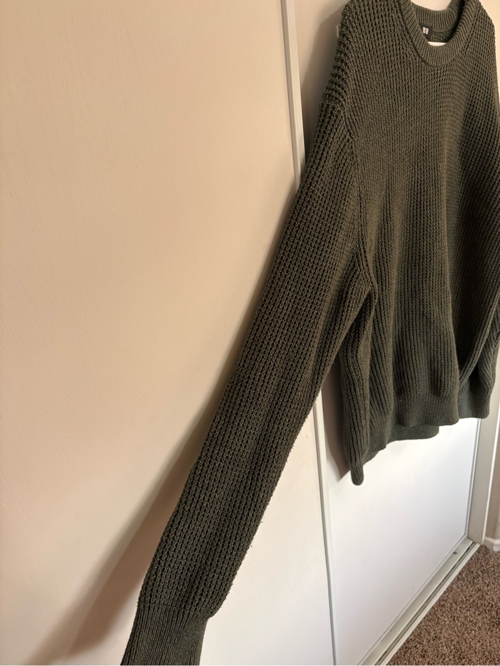 Uniqlo Mens Waffle Knit Crew Neck Sweater Green Cotton Blend XL Preppy - Picture 5 of 8